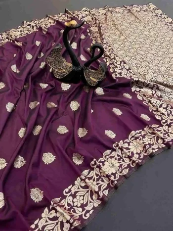 NEW ARRIVAL BANARASI SILK GOLDEN ZARI WEAVING WORK SAREE WITH UNSTITCHED BLOUSE WINE
