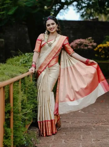 NEW ARRIVAL BANARASI SILK WEAVING WORK SAREE WITH UNSTITCHED BLOUSE CREAM AND RED