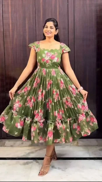 NEW ARRIVAL CHANDERI FLORAL PRINTED WORK ONE PIECE MEHNDI