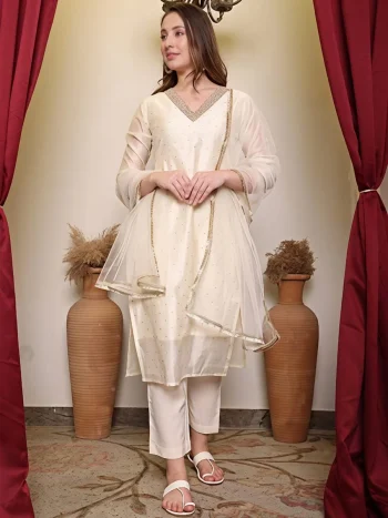 NEW ARRIVAL CHANDERI SILK EMBROIDERY SEQUENCE WORK TOP BOTTOM WITH DUPATTA OFF WHITE