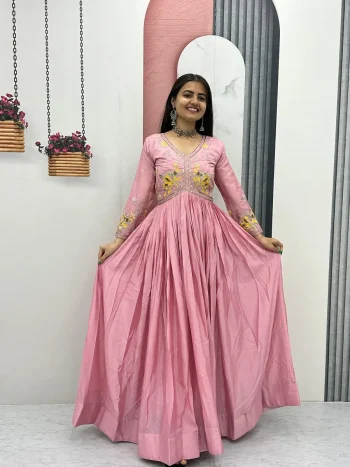 NEW ARRIVAL CHINON EMBROIDERY THREAD WORK GOWN PEACH