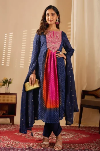 NEW ARRIVAL CHINON SEQUENCE CODING EMBROIDERY WITH REAL MIRROR WORK TOP BOTTOM WITH DUPATTA NAVY BLUE