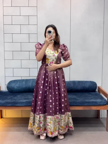 NEW ARRIVAL COSMOS JACQUARD PRINT WITH CODING SEQUENCE EMBROIDERY LACE WORK GOWN WINE