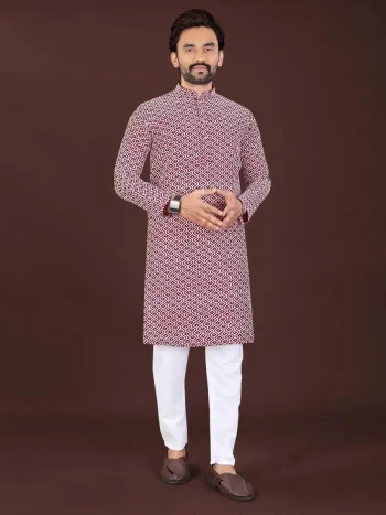 NEW ARRIVAL COTTON BLEND HANDCRAFTED LUCKHNAWI CHIKANKARI WORK MEN'S KURTA PAYJAMA RED
