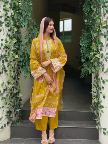 NEW ARRIVAL COTTON DIGITAL PRINT WITH EMBROIDERY WORK TOP BOTTOM WITH DUPATTA YELLOW