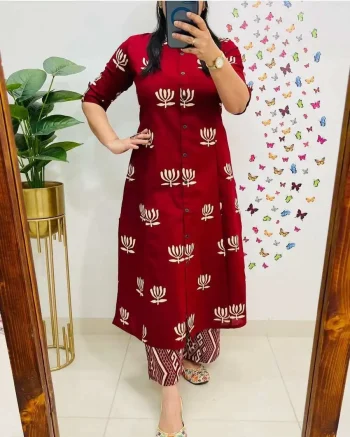 NEW ARRIVAL COTTON DIGITAL PRINT WORK TOP BOTTOM SET RED
