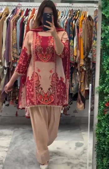 NEW ARRIVAL CREPE SILK DIGITAL PRINT WITH REAL MIRROR WORK TOP PATIYALA WITH DUPATTA CREAM AND RED