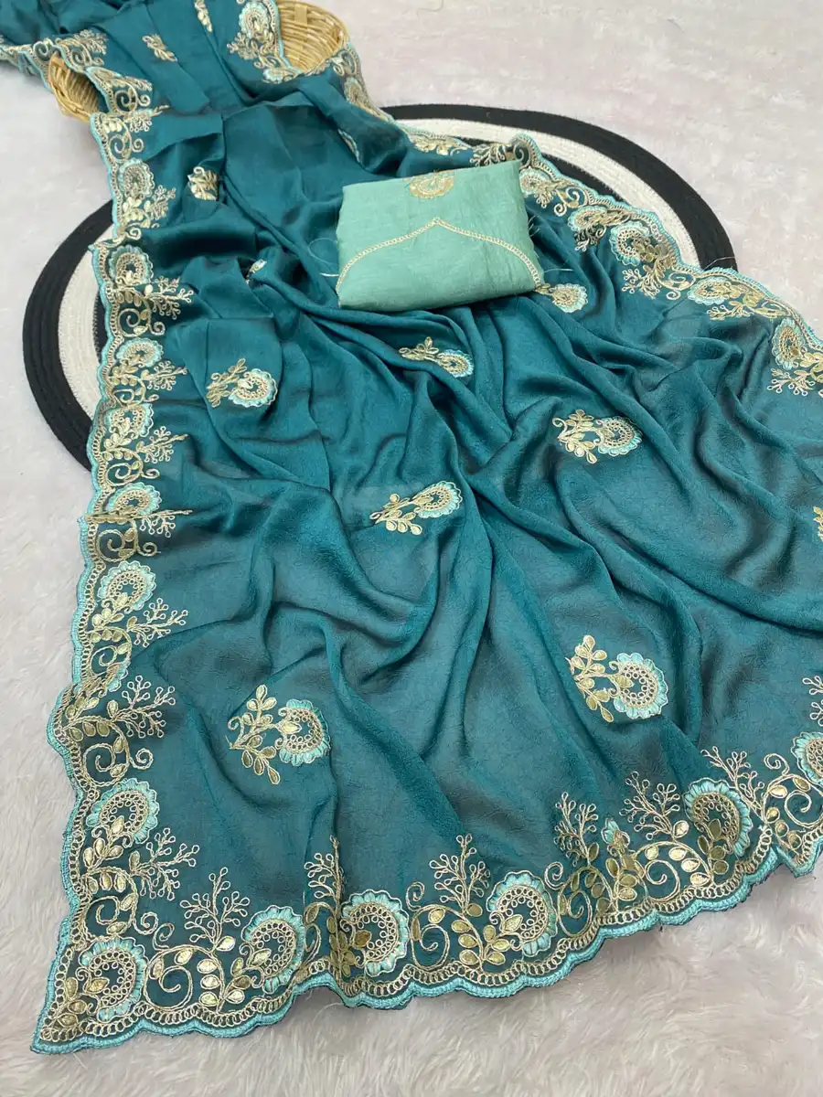 NEW ARRIVAL CRUSH SILK MULTI CODING DAGA & GOTA EMBROIDERY WORK BORDER SAREE WITH UNSTITCHED BLOUSE WEDDING WEAR WHOLESALE PRICE ETHNIC GARMENT (15)