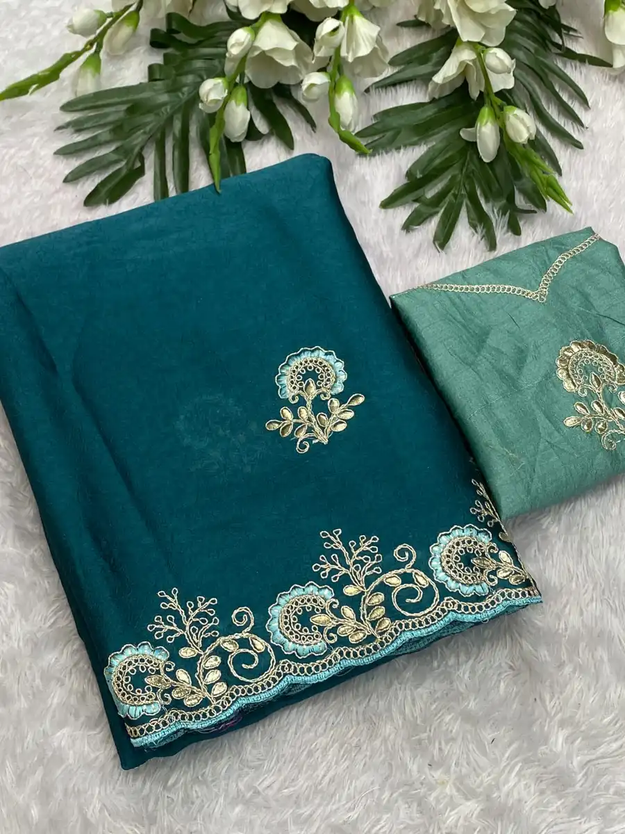 NEW ARRIVAL CRUSH SILK MULTI CODING DAGA & GOTA EMBROIDERY WORK BORDER SAREE WITH UNSTITCHED BLOUSE WEDDING WEAR WHOLESALE PRICE ETHNIC GARMENT (5)