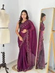 NEW ARRIVAL FENDY CHIFFON DIAMOND CUT DANA JHARKAN WORK WITH HANDWORK SEQUNCE BUTTA WORK SAREE WITH UNSTITCHED BLOUSE WINE