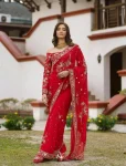 NEW ARRIVAL GEORGETTE EMBRODIERY ZARI AND SEQUENCE WITH MOTI WORK SAREE WITH UNSTITCHED BLOUSE RED
