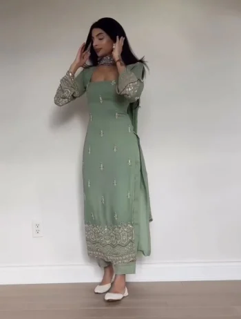NEW ARRIVAL GEORGETTE EMBROIDERY SEQUENCE WORK WITH HAND WORK TOP BOTTOM WITH DUPATTA MINT
