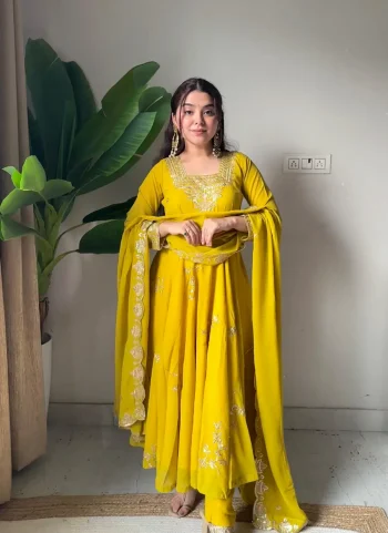 NEW ARRIVAL GEORGETTE SEQUENCE EMBROIDERY WORK GOWN BOTTOM WITH DUPATTA YELLOW
