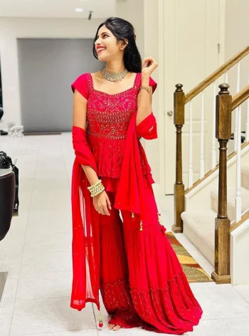 NEW ARRIVAL GEORGETTE THREAD & SEQUENCE EMBROIDERY WORK TOP SHARARA WITH DUPATTA RED