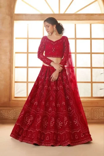 NEW ARRIVAL HEAVY NET CHAIN WORK LEHENGA CHOLI WITH DUPATTA RED