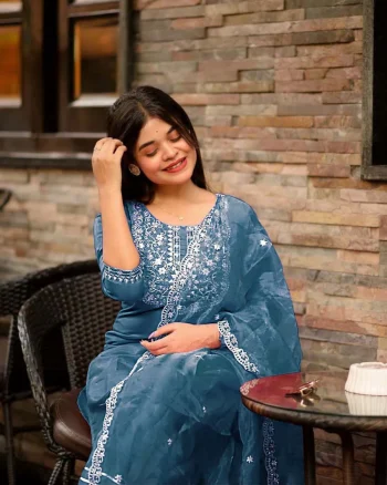 NEW ARRIVAL JALPARI SILK EMBROIDERY SEQUENCE WORK TOP BOTTOM WITH DUPATTA TEAL