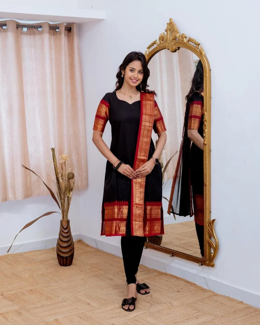 NEW ARRIVAL KANCHI COTTON JACQUARD WEAVING WORK TOP DUPATTA SET CASUAL WEAR WHOLESALE PRICE ETHNIC GARMENT (2)