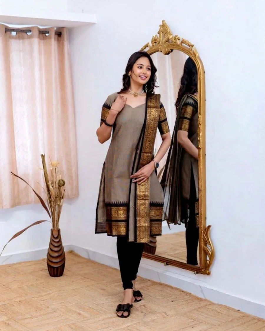 NEW ARRIVAL KANCHI COTTON JACQUARD WEAVING WORK TOP DUPATTA SET CASUAL WEAR WHOLESALE PRICE ETHNIC GARMENT (3)