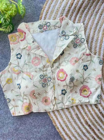 NEW ARRIVAL KHADI COTTON EMBROIDERY WORK STITCHED BLOUSE OFF WHITE AND PINK