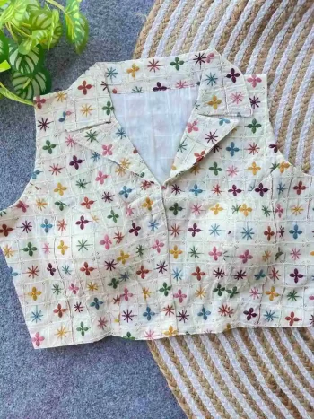 NEW ARRIVAL KHADI COTTON EMBROIDERY WORK STITCHED BLOUSE MULTI