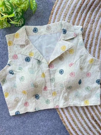 NEW ARRIVAL KHADI COTTON EMBROIDERY WORK STITCHED BLOUSE OFF WHITE AND MULTI
