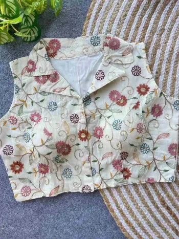 NEW ARRIVAL KHADI COTTON EMBROIDERY WORK STITCHED BLOUSE OFF WHITE AND BROWN