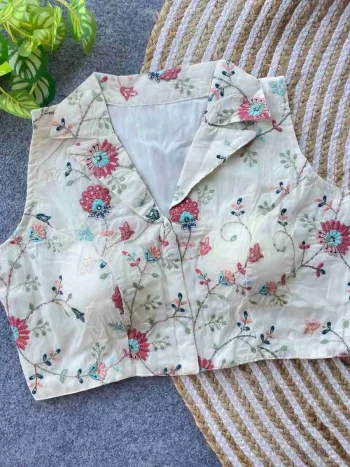 NEW ARRIVAL KHADI COTTON EMBROIDERY WORK STITCHED BLOUSE OFF WHITE AND PINK
