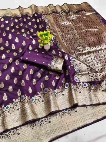 NEW ARRIVAL LICHI SILK BANARASI WEAVING WORK SAREE WITH UNSTITCHED BLOUSE PURPLE