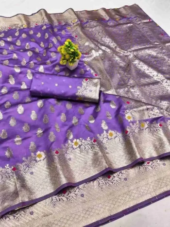 NEW ARRIVAL LICHI SILK BANARASI WEAVING WORK SAREE WITH UNSTITCHED BLOUSE LAVENDER