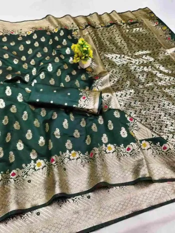 NEW ARRIVAL LICHI SILK BANARASI WEAVING WORK SAREE WITH UNSTITCHED BLOUSE GREEN