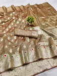 NEW ARRIVAL LICHI SILK BANARASI WEAVING WORK SAREE WITH UNSTITCHED BLOUSE CHIKU