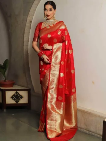 NEW ARRIVAL LICHI SILK BANARASI WEAVING WORK SAREE WITH UNSTITCHED BLOUSE RED