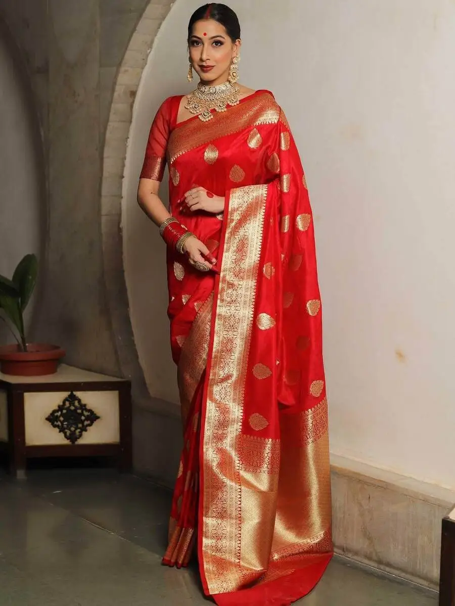 NEW ARRIVAL LICHI SILK BANARASI WEAVING WORK SAREE WITH UNSTITCHED BLOUSE WEDING WEAR WHOLESALE PRICE ETHNIC GARMENT (8)
