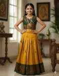 NEW ARRIVAL LICHI SILK PALLAKKU JACQUARD WORK KID'S LEHENGA CHOLI MUSTARD