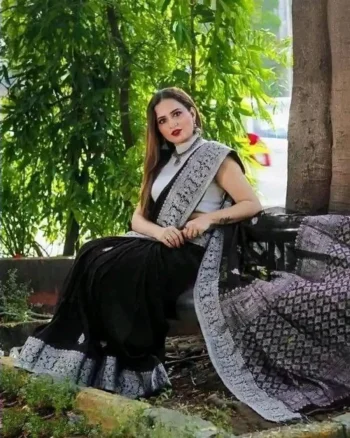 NEW ARRIVAL LICHI SILK RICH PALLU & JACQUARD WORK SAREE WITH UNSTITCHED BLOUSE BLACK