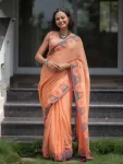 NEW ARRIVAL LINEN COTTON DIGITAL PRINTED WORK SAREE WITH UNSTITCHED BLOUSE PEACH