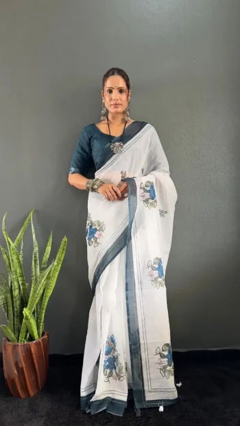 NEW ARRIVAL LINEN SILK DIGITAL PRINT WORK READY TO WEAR SAREE WITH UNSTITCHED BLOUSE TEAL