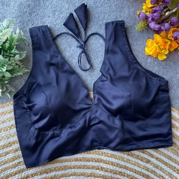 NEW ARRIVAL MALAI SATIN PLAIN READY TO WEAR BLOUSE NAVY BLUE