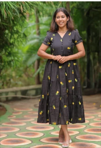 NEW ARRIVAL MUL COTTON EMBROIDERY WORK ONE PIECE DRESS BLACK