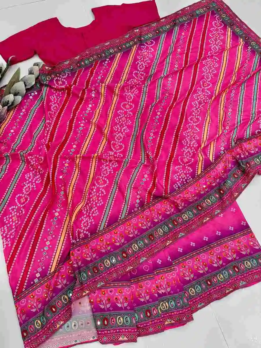 NEW ARRIVAL NATURAL SILK DIGITAL PRINT AND REAL MIRROR HAND WORK GOWN SAREE DAILY WEAR WHOLESALE PRICE ETHNIC GARMENT (1)
