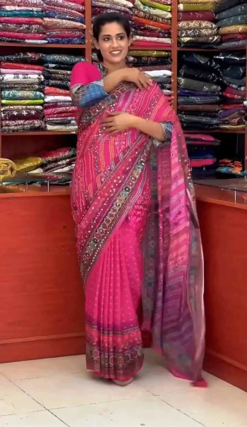 NEW ARRIVAL NATURAL SILK DIGITAL PRINT AND REAL MIRROR HAND WORK GOWN SAREE PINK