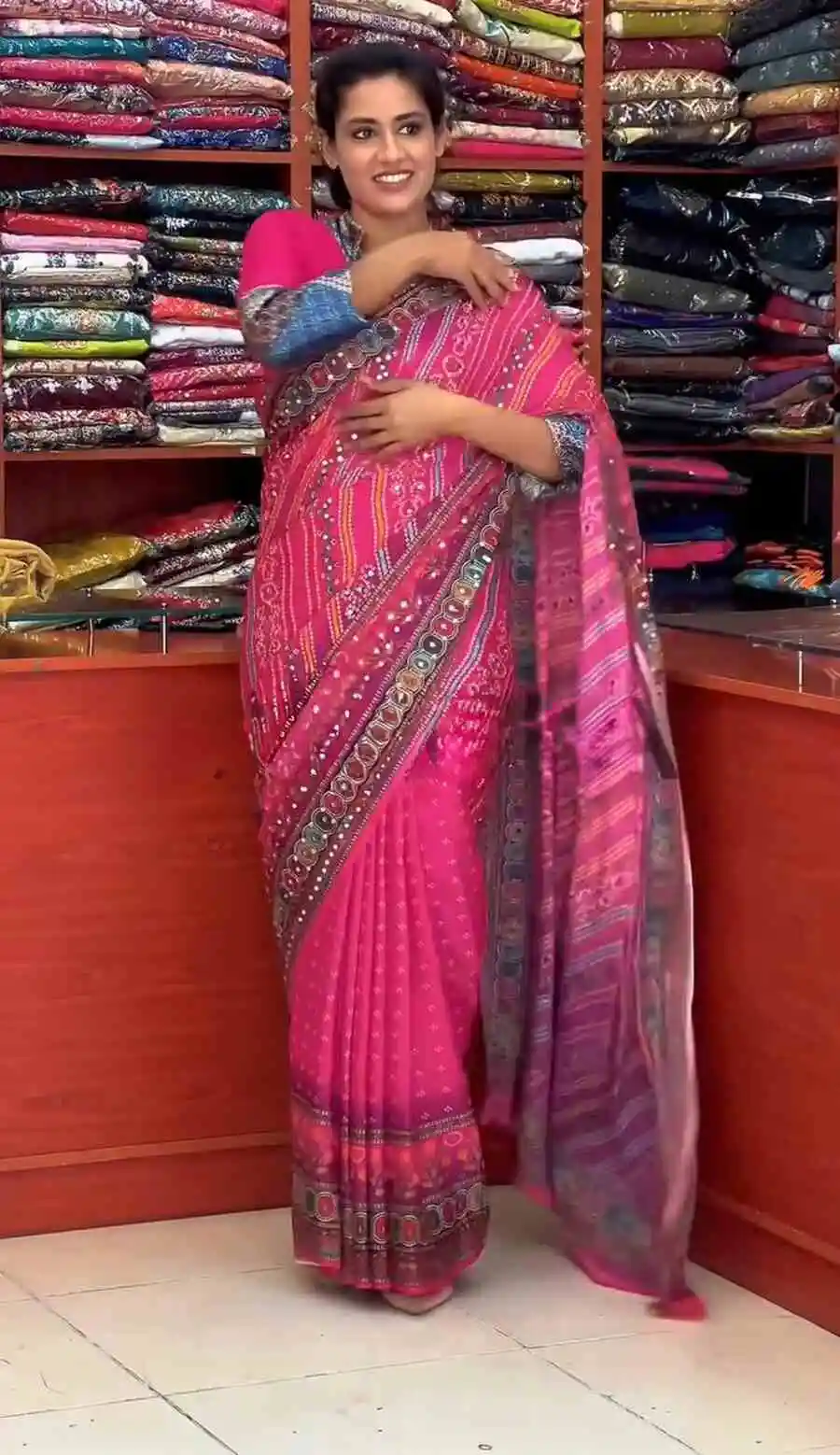 NEW ARRIVAL NATURAL SILK DIGITAL PRINT AND REAL MIRROR HAND WORK GOWN SAREE DAILY WEAR WHOLESALE PRICE ETHNIC GARMENT (3)