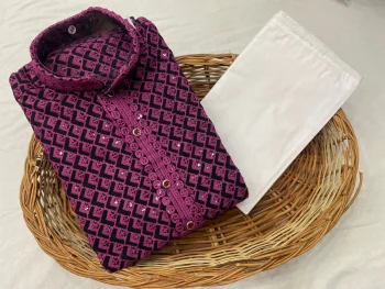 NEW ARRIVAL RAYON EMBROIDERY SEQUENCE WORK MEN'S KURTA PAYJAMA PINK