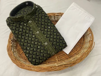 NEW ARRIVAL RAYON EMBROIDERY SEQUENCE WORK MEN'S KURTA PAYJAMA MEHNDI