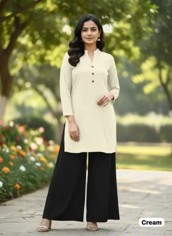 NEW ARRIVAL RAYON PLAIN KURTI PALAZZO SET CREAM