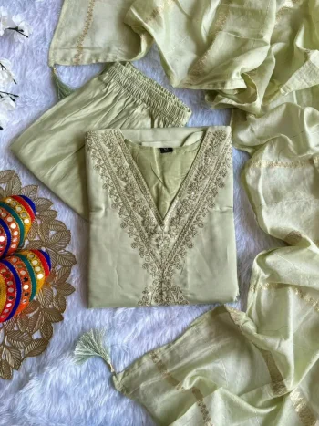 NEW ARRIVAL ROMAN SILK EMBROIDERY WITH SEQUENCE WORK TOP BOTTOM WITH DUPATTA CREAM
