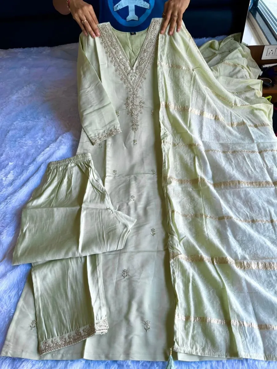 NEW ARRIVAL ROMAN SILK EMBROIDERY WITH SEQUENCE WORK TOP BOTTOM WITH DUPATTA FESTIVE WEAR WHOLESALE PRICE ETHNIC GARMENT (6)