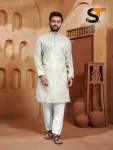 NEW ARRIVAL ROMAN SILK REAL MIRROR AND EMBROIDERY WORK MEN'S KURTA PAYJAMA OFF WHITE