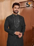 NEW ARRIVAL ROMAN SILK REAL MIRROR AND EMBROIDERY WORK MEN’S KURTA PAYJAMA FESTIVE WEAR WHOLESALE PRICE ETHNIC GARMENT (5)