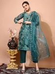 NEW ARRIVAL TAFFETA SILK EMBROIDERY JARI WORK TOP BOTTOM WITH DUPATTA TEAL